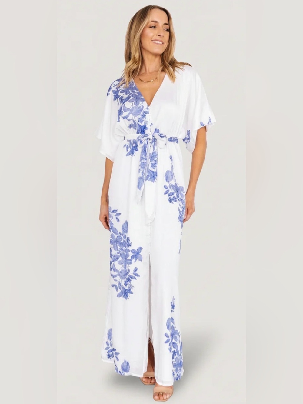 Sugar lips white maxi dress with blue floral print size large NWT